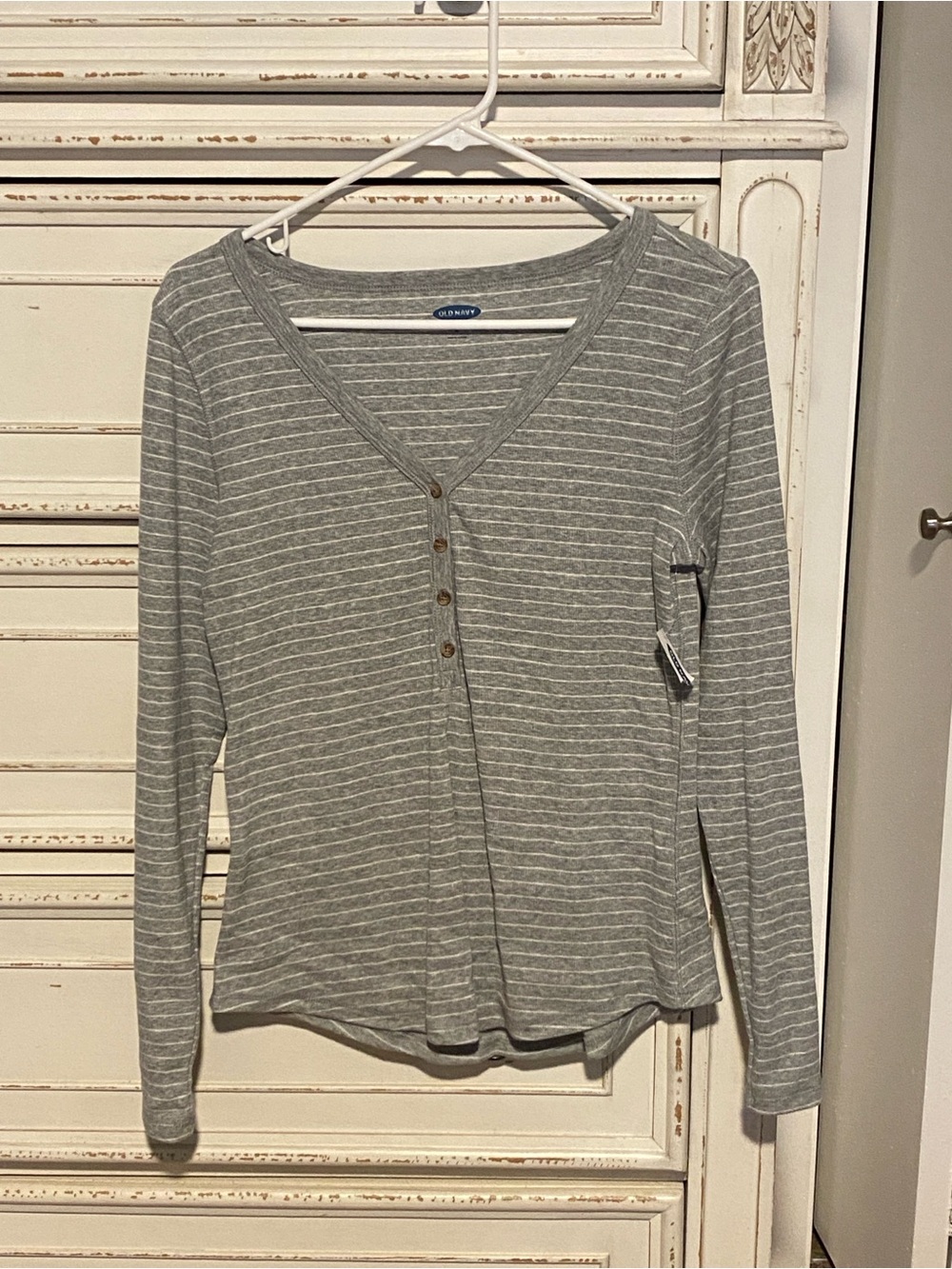 Old Navy Gray and White Stripe Long-Sleeve Henley